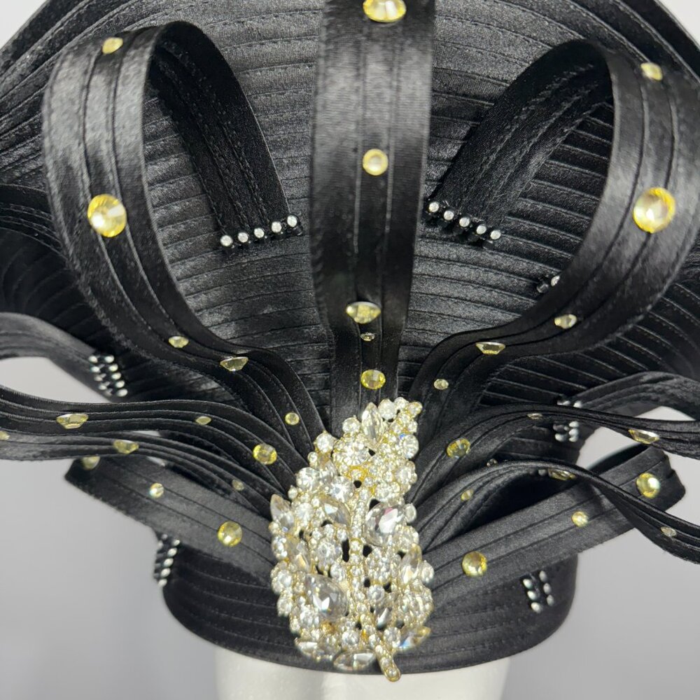 BEN MARC INTERNATIONAL BLACK CHURCH LADY HAT. JEWELED WITH ORNATE FRONT. - Picture 2 of 8